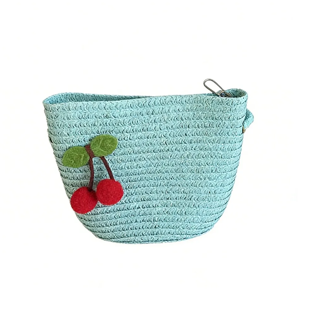 

Wide Brim Children Sun Hat Pearl Decoration Breathable Material Straw Hat Lace Trim Straw Material Shoulder Bag