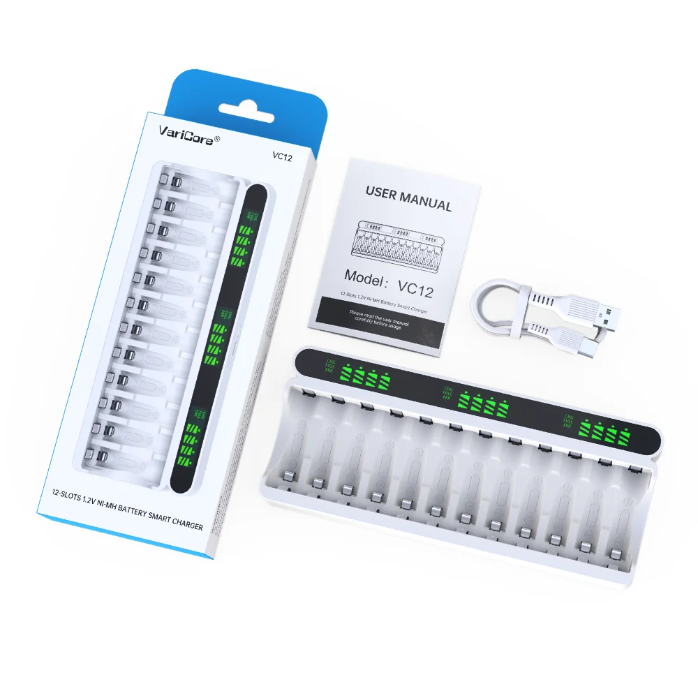 Умное зарядное устройство VariCore VC12 1,2 В, 12 слотов для Ni-MH аккумуляторов AA/AAA — быстрая зарядка, ЖК-дисплей, автоматическое отключение, безопасное для подзарядки