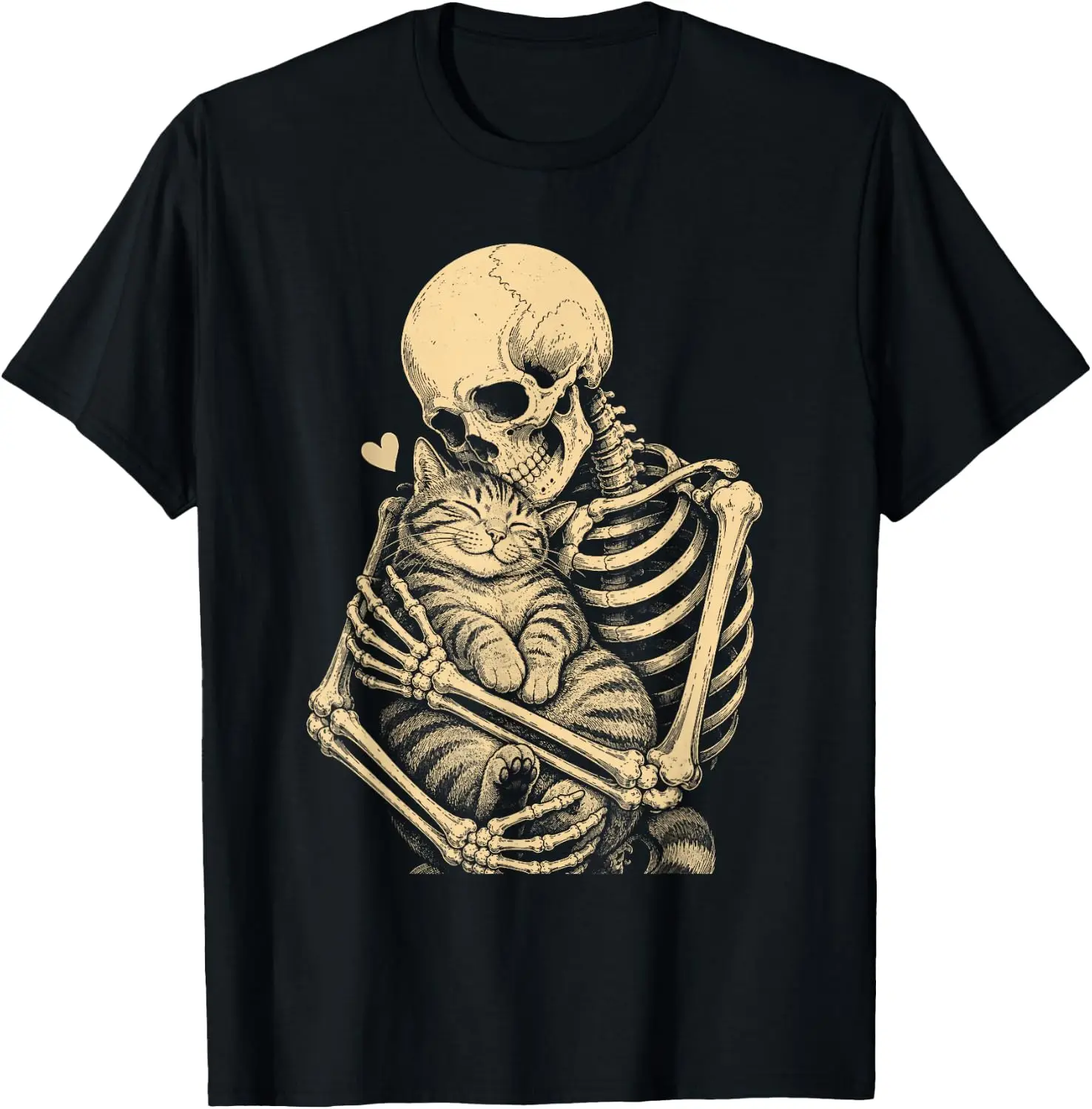 Vintage Skeleton Hugging Cat Mom Dad Halloween Spooky Season T-Shirt Men Women Unisex Novelty Graphic T‑Shirt, Classic Crew Neck 100% Cotton Tee, Lightweight Anti‑Pilling Breathable Casual Tops, Year‑Round Daily Outfit, Holiday Birthday Present Tee
