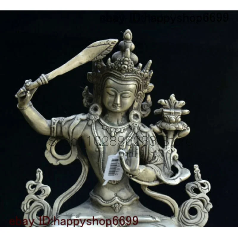 Chinese Buddhism Temple Silver Wenshu Manjushri Goddess Buddha Hold Sword Statue