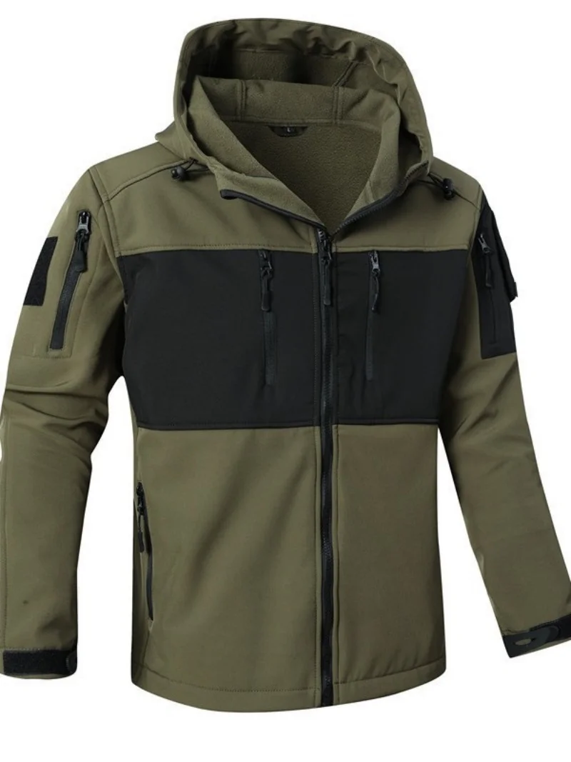 Men's Tactical down Jacket Autumn Winter Shark Skin Soft Shell Fleece Windproof Zipper Hooded Outdoor Warm Casual Coat