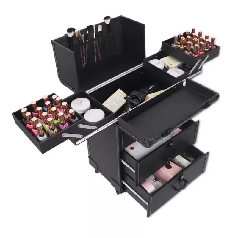Large capacity trolley cosmetic case and makeup artist portable multi-layer beauty