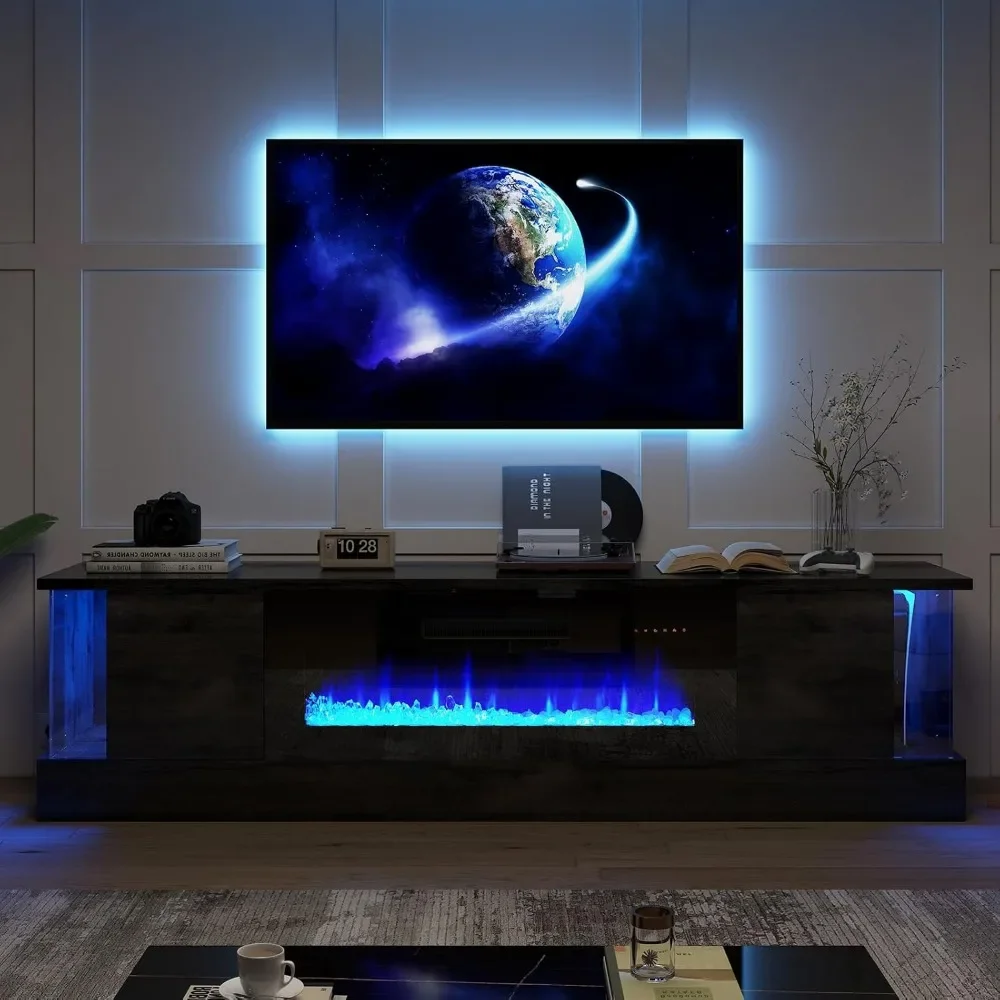 Electric Fireplace Modern Wood Grain High-Gloss TV Cabinet for Living Room, LED with Flip-Down Doors for TVs up to 70