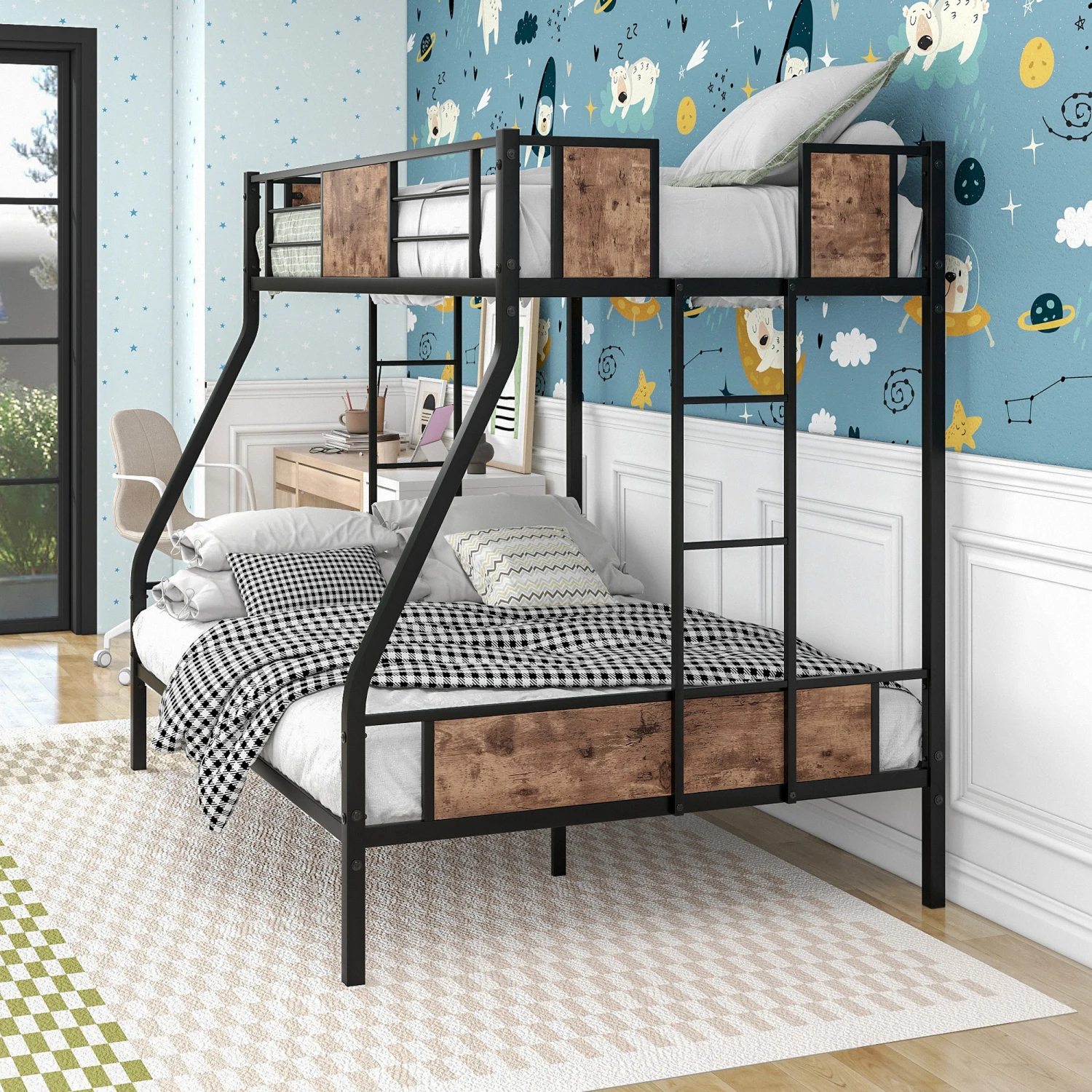 

Twin Over Full Metal Bunk Bed with Safety Rail, 2 Side Ladders & Decorative Wood Frame