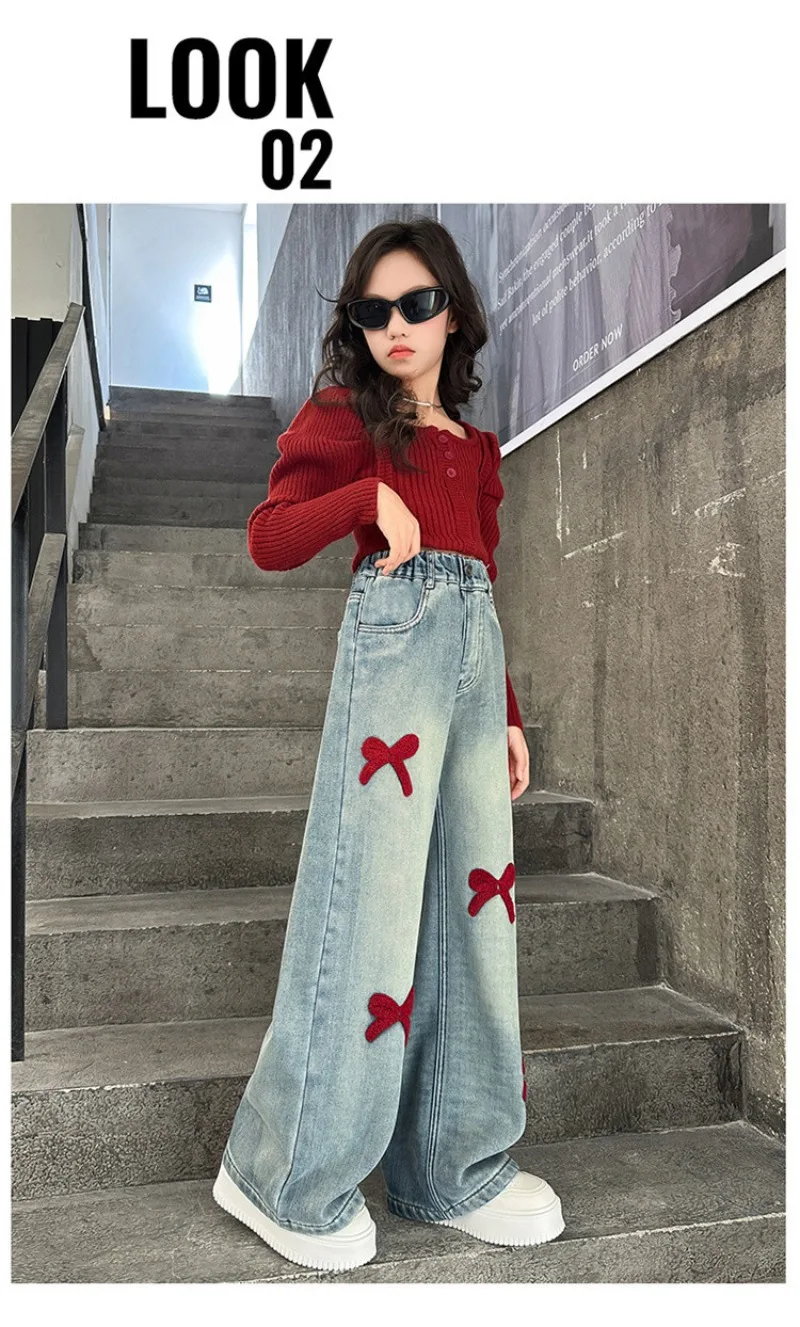 Winter-Jeans aus Lammfell für Mädchen, 4-14 Jahre, Teenager-Mädchen, Jeanshose mit integrierter Schleife und Fleece, lockere Herbst-Jeanshose für junge Mädchen – Detail 11