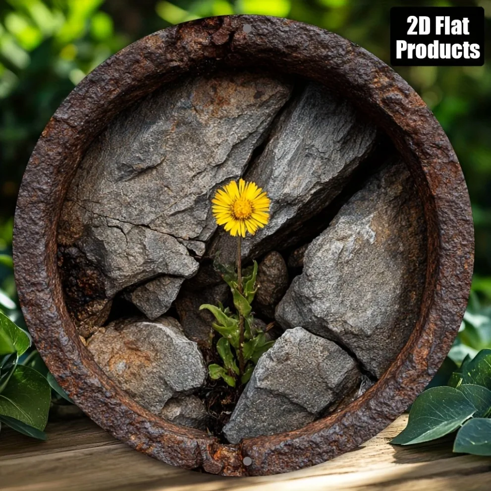 2D rundes Metallschild „Blume in Steinsprungfuge“, 20,3 x 20,3 cm, Wanddekoration für Zuhause, Bar, Café, Büro, Halloween, Erntedankfest, rustikales Geschenk