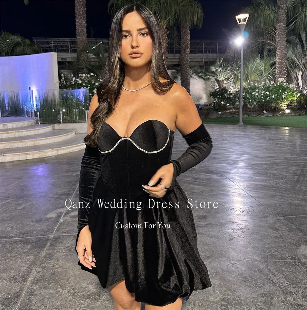 Qanz Black Velour Prom Dress Long Sleeves Short Cocktail Dresses Glitter Sweetheart Lace Up Back Birthday Dresses Customized