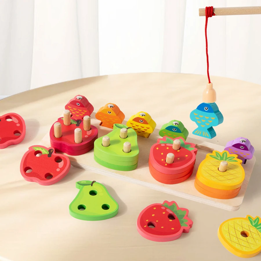 Giocattoli educativi in legno per bambini Ordinamento impilabile Forma di colore prescolare Classificazione della frutta Gioco di pesca cognitivo Regalo di Natale