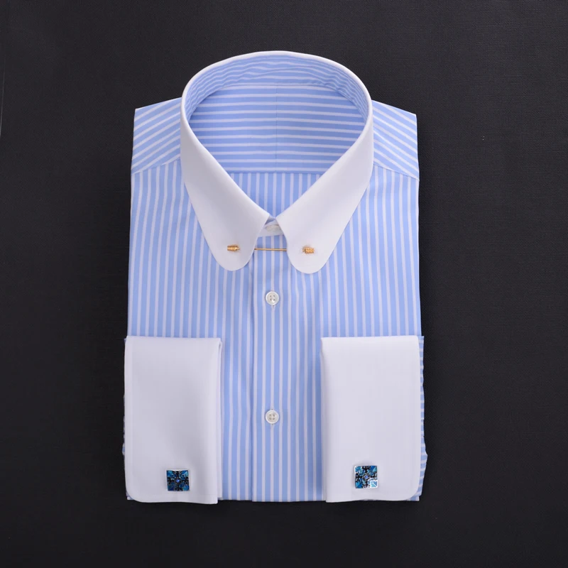 Camisa de hombre con puños franceses y cuello imperio con cuello estenopeico, camisa personalizada a rayas de algodón 100% de negocios para hombre