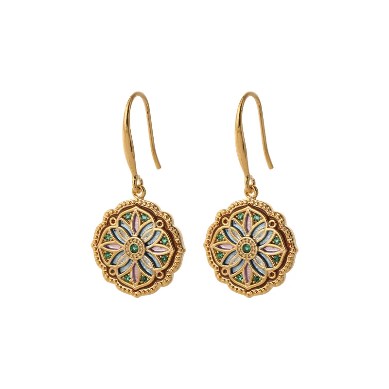 

French retro colored flower earrings, women's light luxury high-end temperament unique ear hook earrings