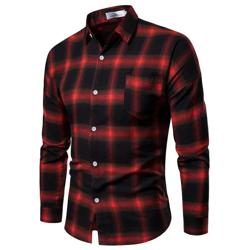 LIBIELIY Men Plaid Single Breasted Shirts Long Sleeve T Shirt Loose Fit Casual Shirts Turn Down Collar Blouses Male Button Pocke