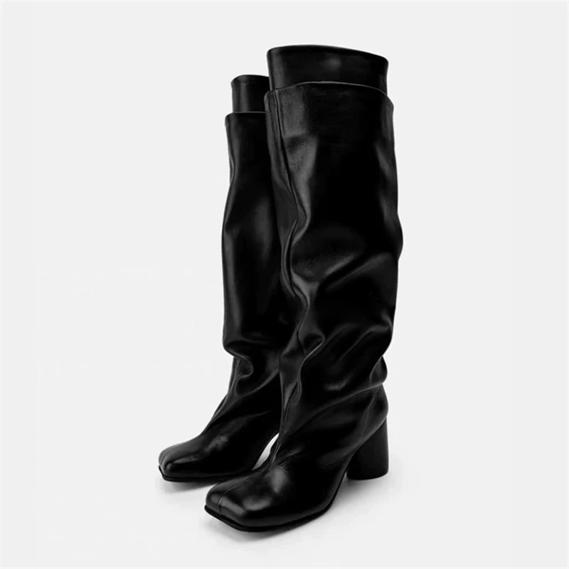 Autumn Winter Punk Style Design Pleated Splicing Women Knee High Boots Square Toe Round Heels Long Black Botas Largas Mujer