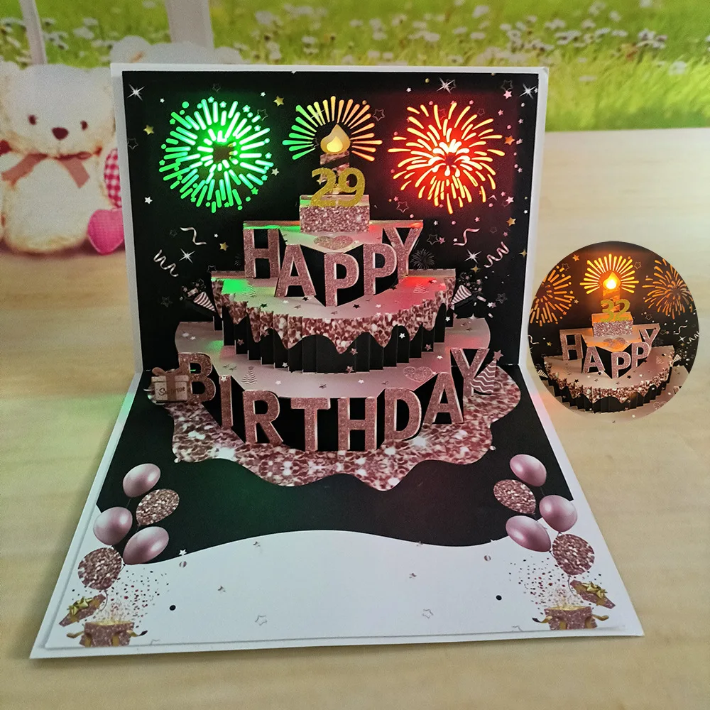 

1pc Happy Birthday Card Fireworks 3D Pop Up Cake Light and Music Happy Birthday Card Gift Greeting Card for Husband Kid Wife Mom