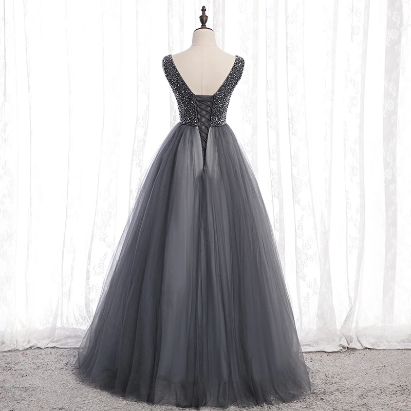 A Line Women Evening Dresses V Neck Sequins Tulle Prom Birthday Party Gowns Formal robes de soirée