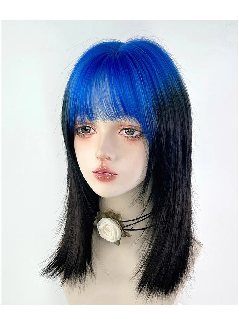 Y2K Cosplay Korte Blauwe Hoogtepunten Pruik Subcultuur Kleurverloop Wolf Staart Haar Pruik met Pony Hittebestendig