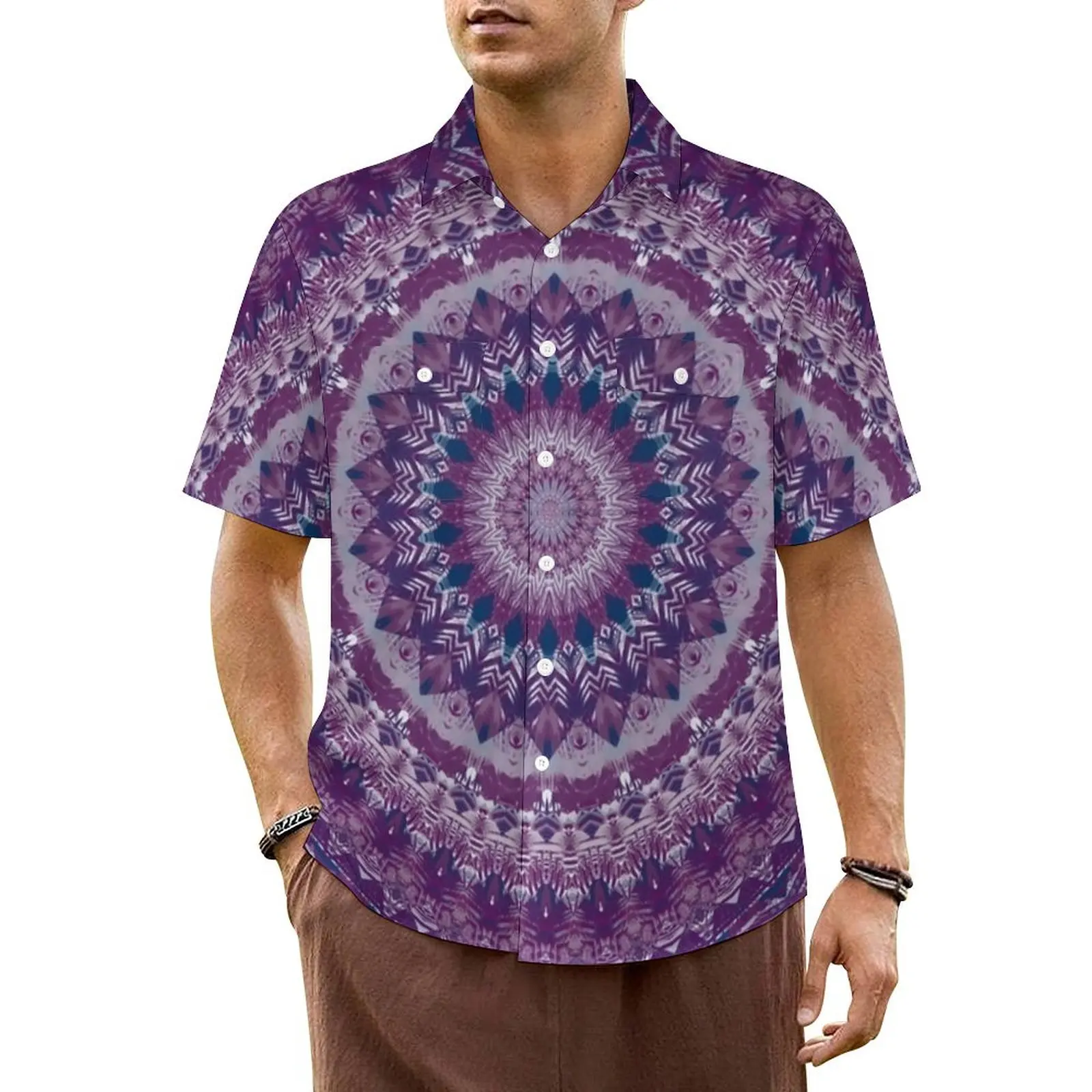 Retro Hippy Print Beach Shirt Bohemia Mandala Hawaii Casual Shirts Male Retro Blouses Short-Sleeved Y2K Fashion Custom DIY Top