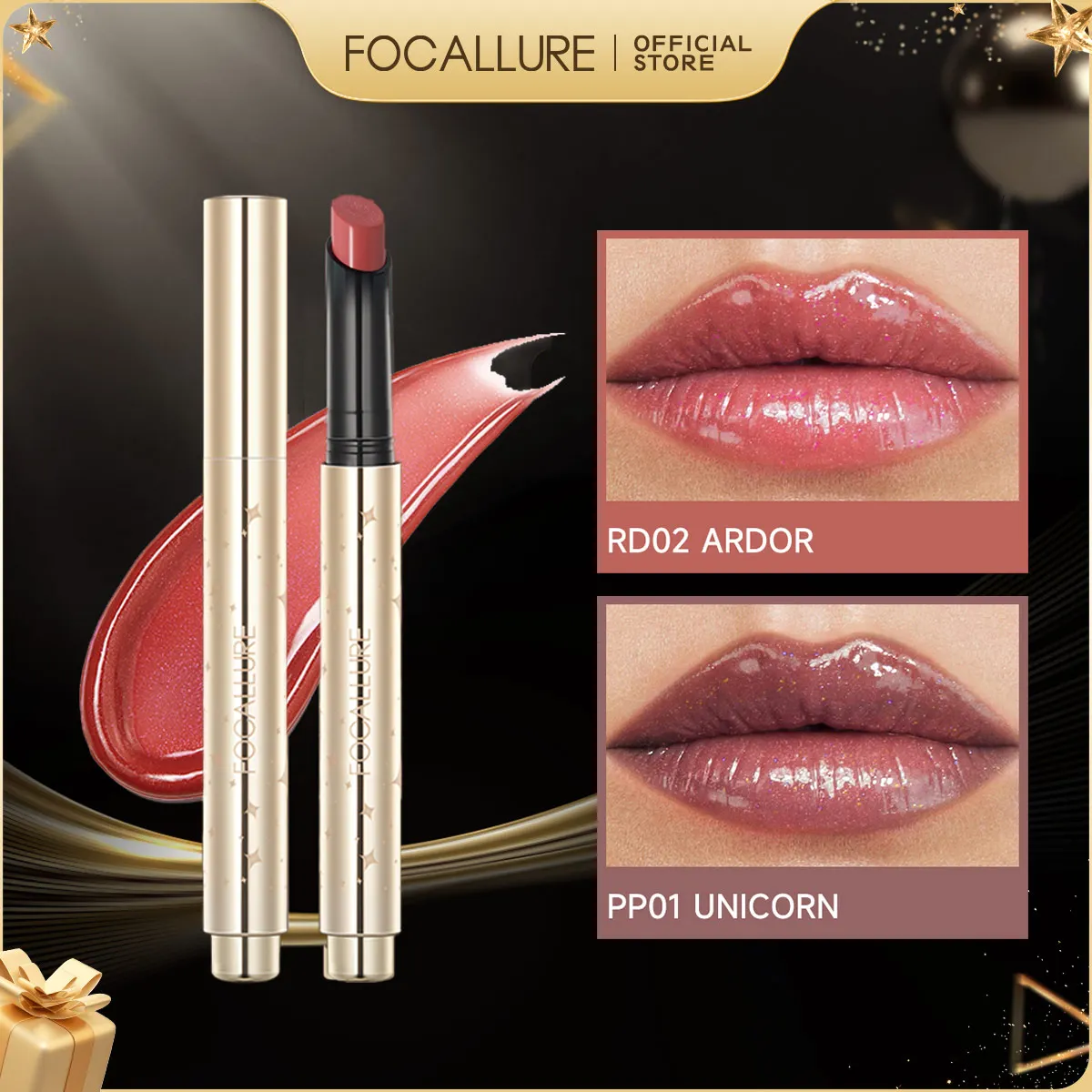 FOCALLURE 진주 빛 입술 글로스 스틱, 보습, 오래 지속되는 섹시한 스파클링 립밤, 쉬머 립스틱 펜, 메이크업 화장품