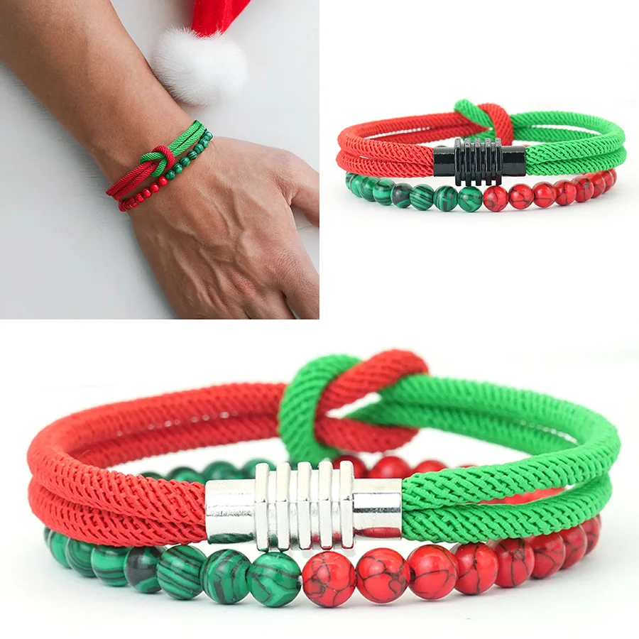 New 2Pcs/Set Men Christmas Bracelet Versatile Accessories Green Red True Love Knot String Braslet Red Howlite Malachite Braclet