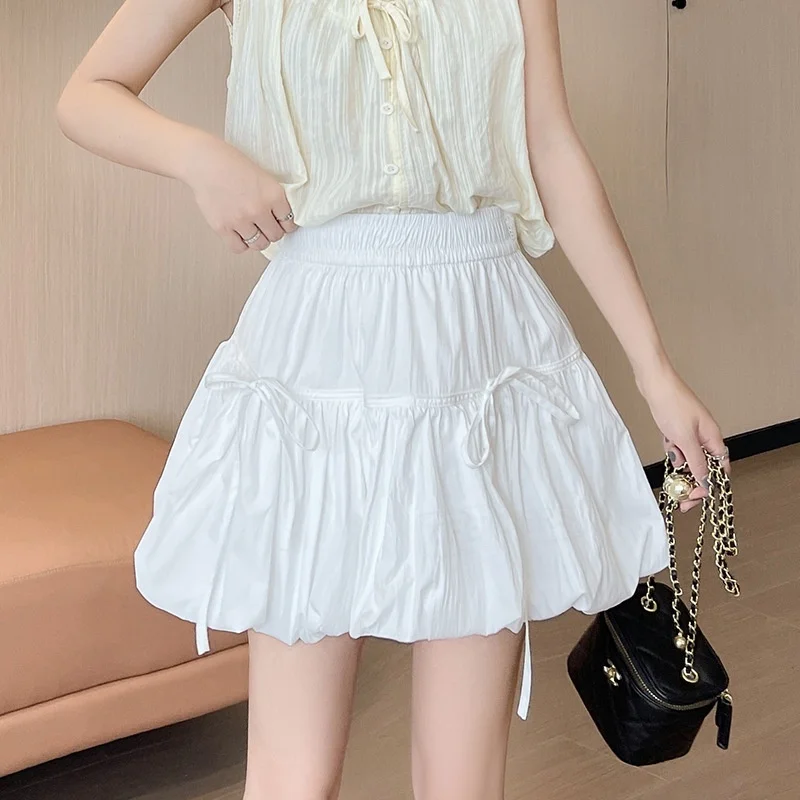 TFETTERS Summer Women Elastic High Waist Bubble Mini Skirt Sweet Bow Ruched Puff Skirt Korean Casual Anti-Exposure Short Skirt