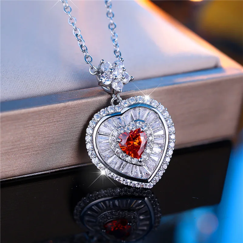 Fashion Female Red Heart Flower Pendant Necklace Cute Silver Color Wedding Jewelry Gift For Women