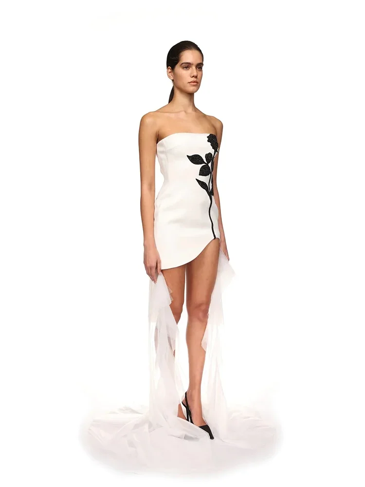 Sexy Strapless Diamanten Bloemen Bandage Jurk Vrouwen Mouwloze Witte Mesh Staart Bodycon Jurken Elegante Avond Feestjurken