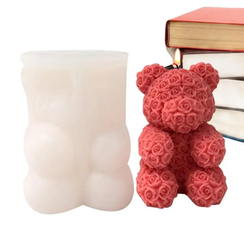 3D Bear Mold Cute 3D Bear Scented Candle Mold With Embossed Flowers Bear Silicone Mold For DIY Drink Ice Coffee Juice Cocktail