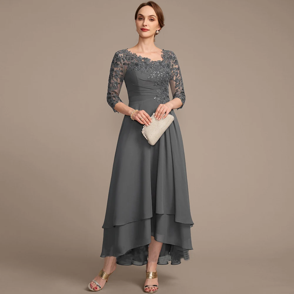 

Grey Mother of Bride Dresses with Chiffon 3/4 Sleeve Wedding Party Dresses for Women 2025 Ankle Length New Robe De Soirée