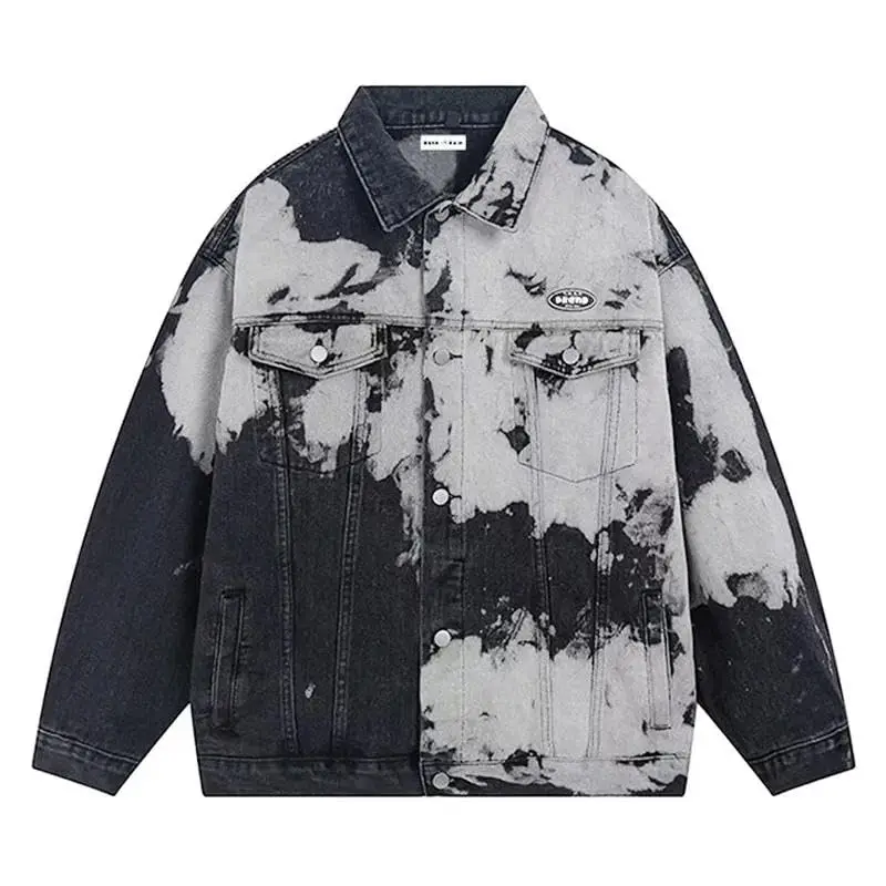 Tie Dyed Loose Denim Jacket Men Spring Autumn Street Patchwork Cowboy Jackets American Multi Pocket