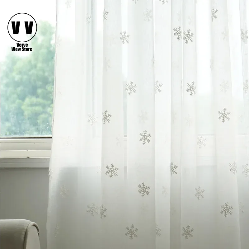

White Snowflake Tulle Curtains Embroidery Curtains for Living Room Bedroom Voile Sheer Curtains for Kitchen Christmas Drapes
