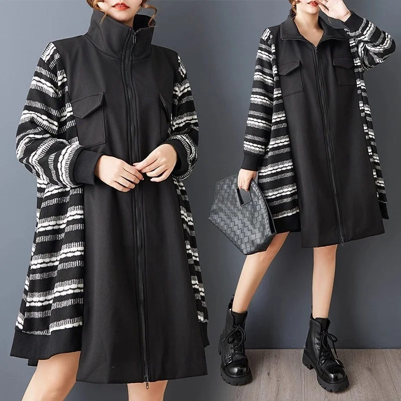 

Women's Coat, Spring Autumn, Dark Gothic Style, Irregular Stripe, Zipper Splicing, Double Layer Jacket Outerwear w1847
