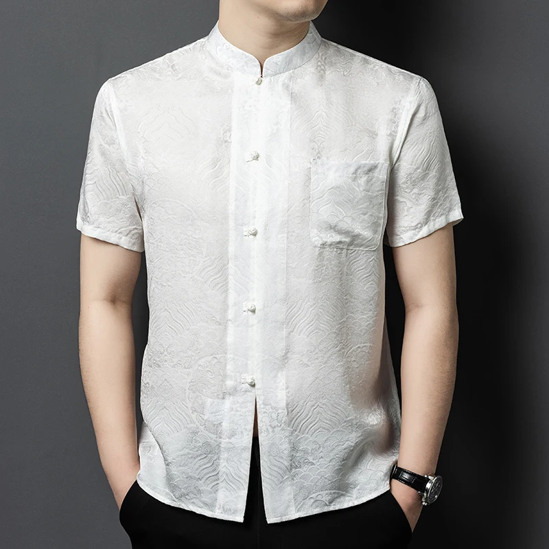 Designer Frog Silk Shirts For Men Short Sleeve Pocket Gentleman Summer Quality Coolness Jacquard Chinese Style Camisas De Hombre