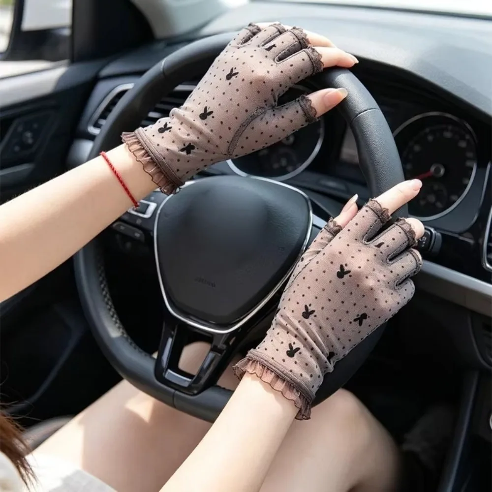 Lace Design Half Finger Gloves Exposed Finger Little Rabbit Pattern Short Gloves Thin Material Summer Weight Thin Gloves
