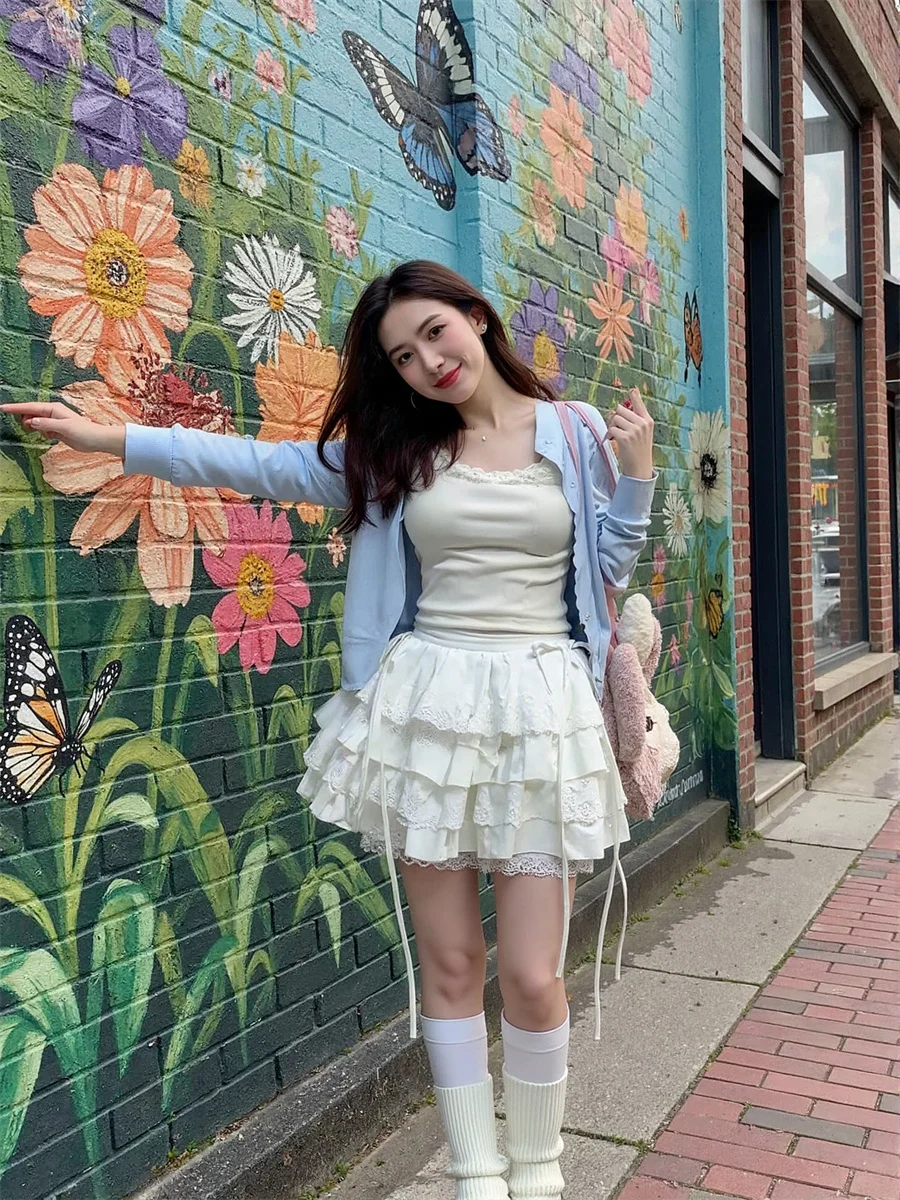 Renda retalhos saias doces das mulheres estética bainha irregular malha em camadas chique plissados babados brilhante escritório moderno