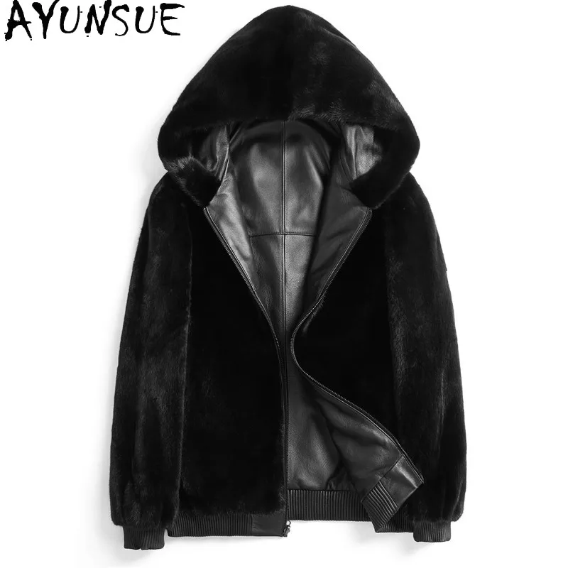 AYUNSUE High-end Reversible Real Mink Fur Coat Men Hood Winter Luxury Whole Mink Fur Liner Parkas Cowhide Genuine Leather Jacket