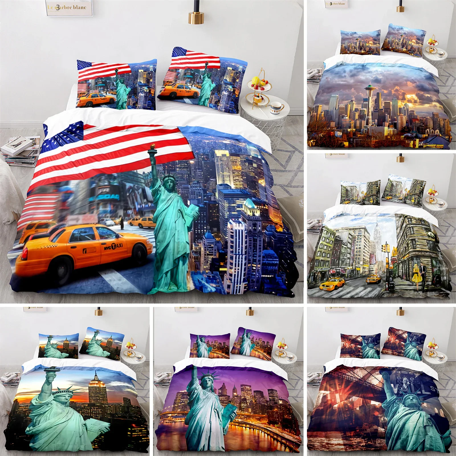 

Statue of Liberty Duvet Cover King Size Microfiber World Famous Building Bedding Set New York Landmark Cityscape Comforter Cover