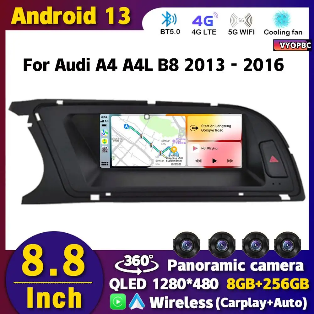 

Автомобильный радиоприемник 8 ядер Android 13 Carplay 8,8 дюйма для Audi A4 A4L B8 2013 - 2016 мультимедийный плеер GPS WIFI 4G SIM BT Navi планшет с приемником