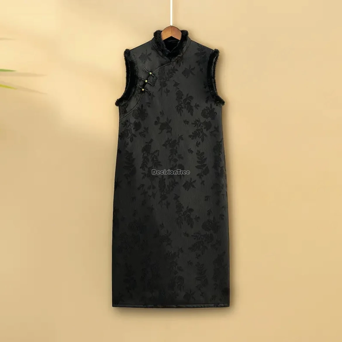 

2025 new autumn winter fleece thicked chinese retro style stand-up collar sleeveless jacquard dress national long cheongsam vest