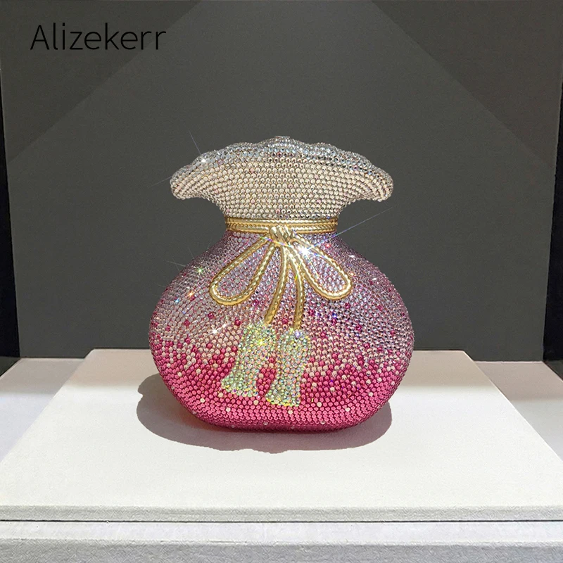 Alizekerr Women Crystal Fortune Bag Ladies Cute Gradient Pink Flat Bottom Rhinestone Evening Purse Bridal Wedding Party Banquet