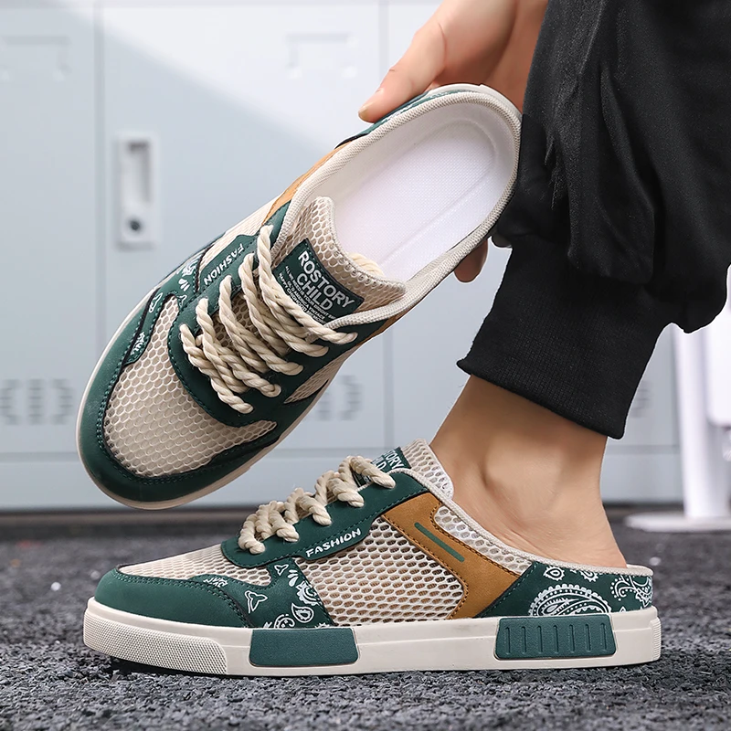 Plus Size 39-47 Mules Men Mesh Half Drag Skate Board Shoes Backless Loafers Slippers Summer Large Hole Hollow Out Slides Sandals