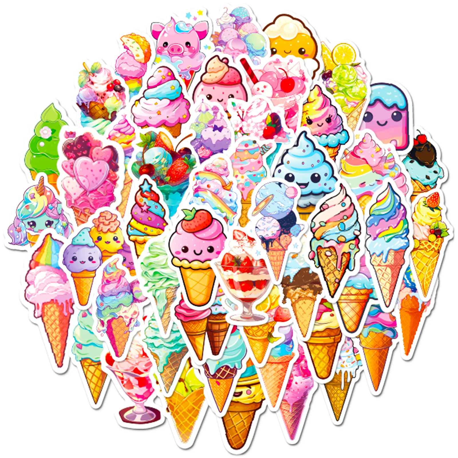 50pcs Colorful Sweet Summer Cone Chocolate Ice Cream Pink Cute Style Graffiti Waterproof Sticker