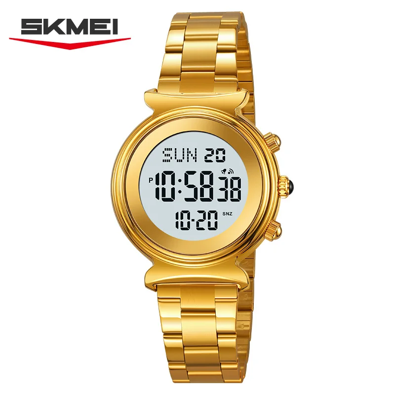 Skmei 2408 أزياء السيدات ساعة اليد الرقمية المنطقة الزمنية المزدوجة سوار الساعات للمرأة الفاخرة الصلب حزام للماء ساعة توقيت