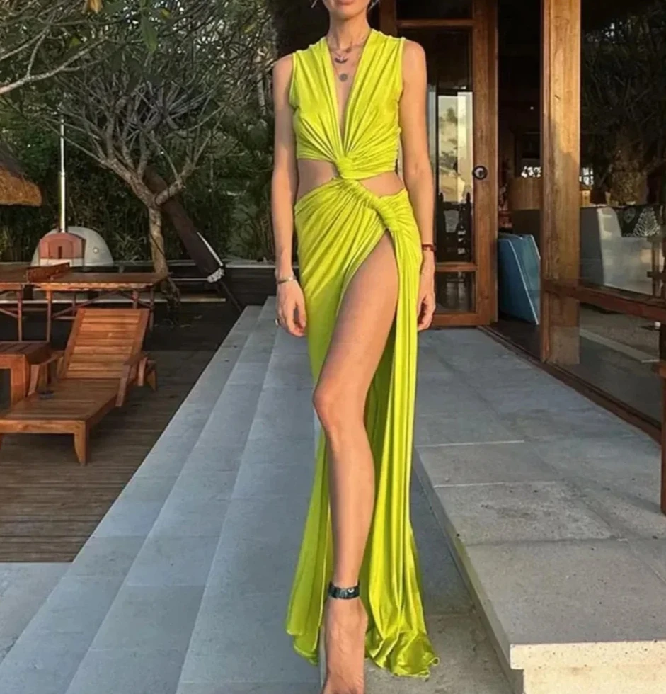 Vrouwen Mode Feestjurk Hollow Out Sexy Slit Avondjurken voor Vrouw V-hals Off-de-schouder Mouwloze Formele Prom vestidos