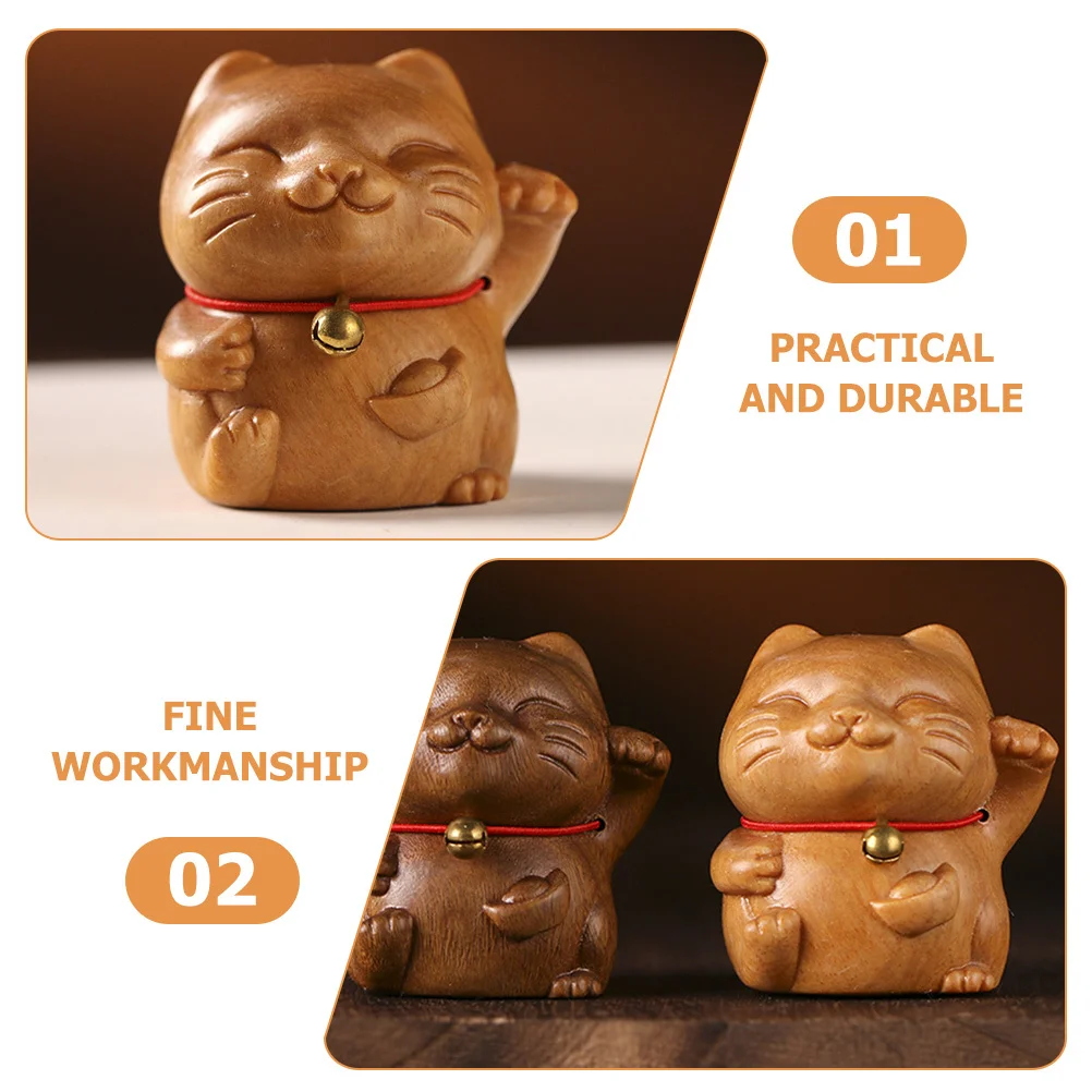 

Natural Sandalwood Carving Small Fortune Cat Desktop Ornament Feng Shui Wealth Attracting Home Office Sculpture