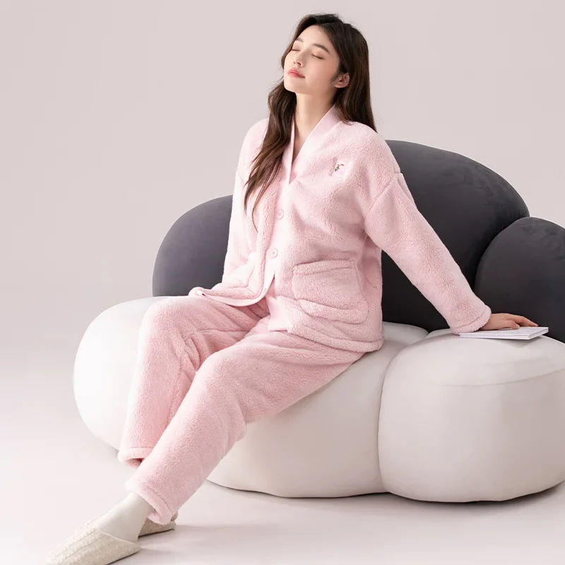 

M-2XL Coral Fleece Pajamas Set Women's Thickened Winter Warm Loungewear Korean Students Flannel Homewear 2-Piece Cozy Sleepwear