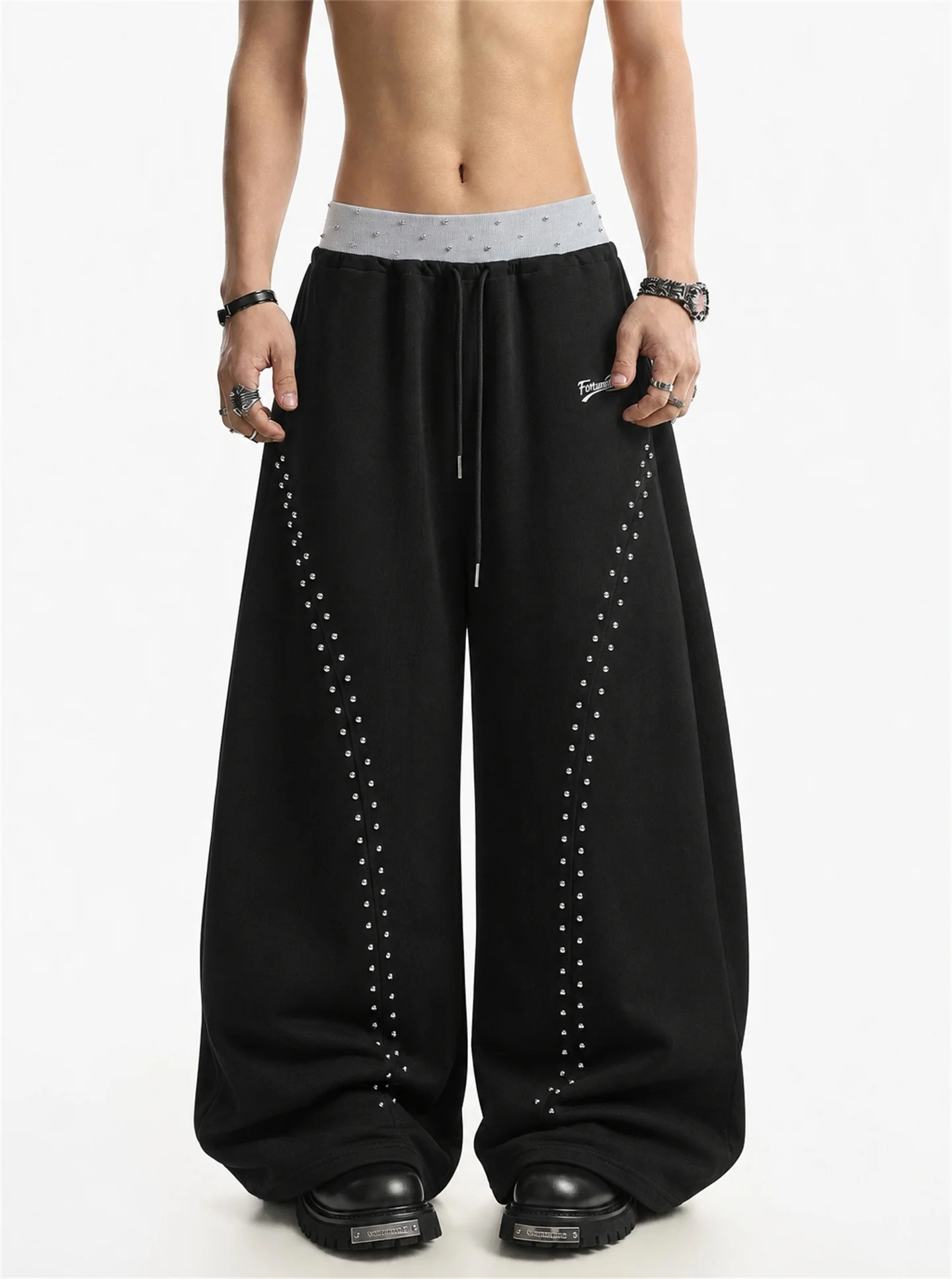 BETEBULE American High Street Embroidered Punk Sequin Sweatpants Loose Wide Leg Casual Men's Pants Straight Cut Autumn Wear