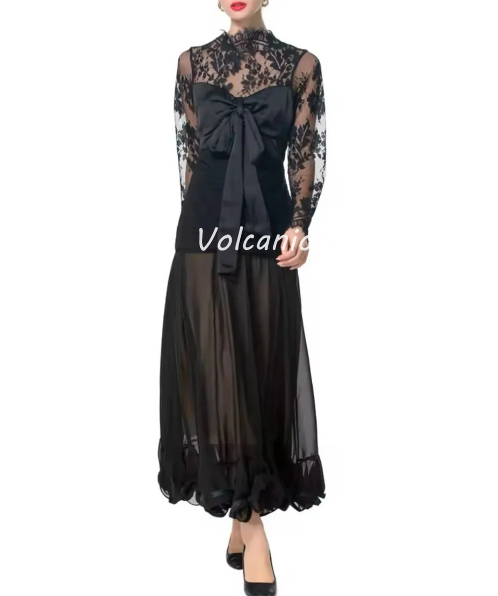 Customized Intricate Sizes Available Organza Bow Ruched Lace Straight Jewel Ankle Length Dresses Bespoke Occasion Dresses Casual