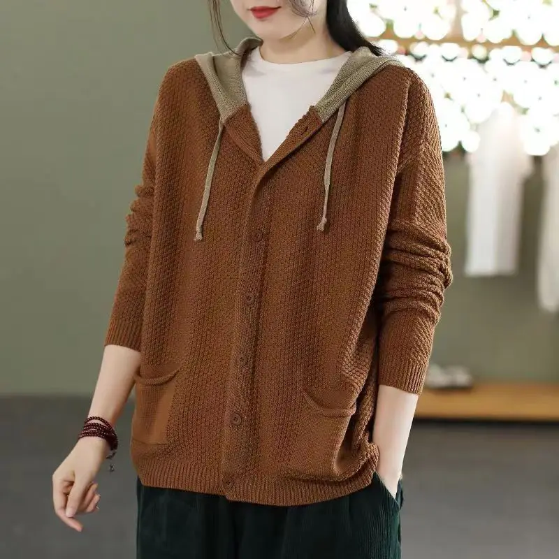 Fashion Woman Blouses 2023 Knitted Hooded Long Sleeve Autumn Winter Casual Office Lady Solid Color All-match Sweaters Cardigan