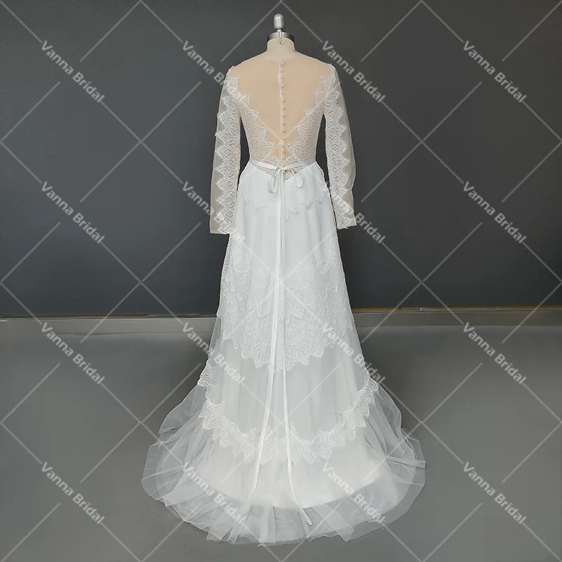 Echt Fotos Sehen Durch Tiered Spitze Boho Strand Brautkleid Schärpe Transparent Zurück Langen Ärmeln Tüll V-ausschnitt Nude Hochzeit Kleid