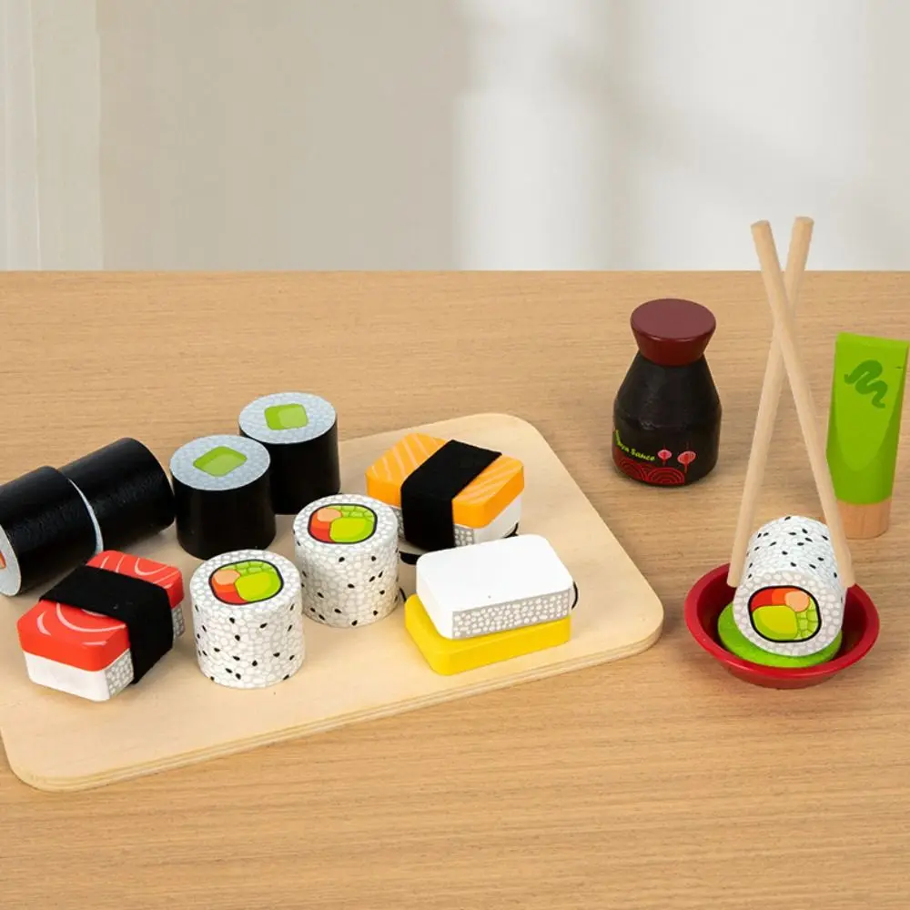 Wytrzymały Drewniany Zestaw Symulacyjny Sushi, Zabawny Design, Edukacyjny Zestaw do Udawania Jedzenia, Interaktywny, Trwały Zestaw Jedzenia w Stylu Japońskim