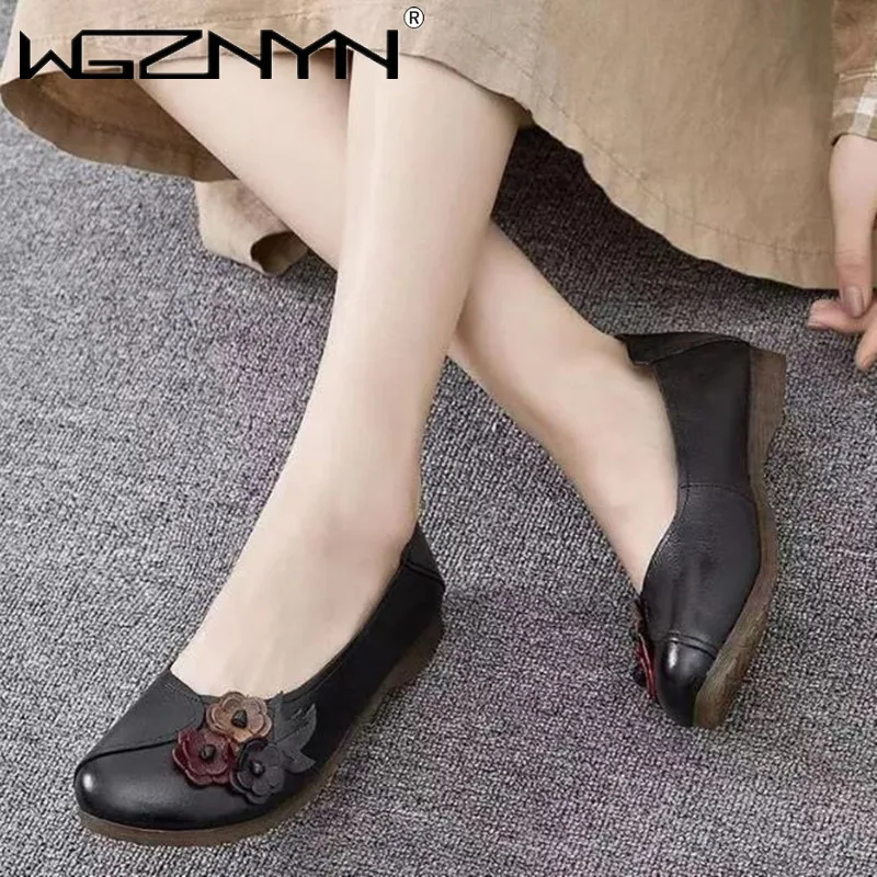 2024 Vintage Floral Ballet Flats Women's Genuine Leather Shallow Shoes Mom Driving Loafers Ladies Retro Cozy Moccasins Sneakers